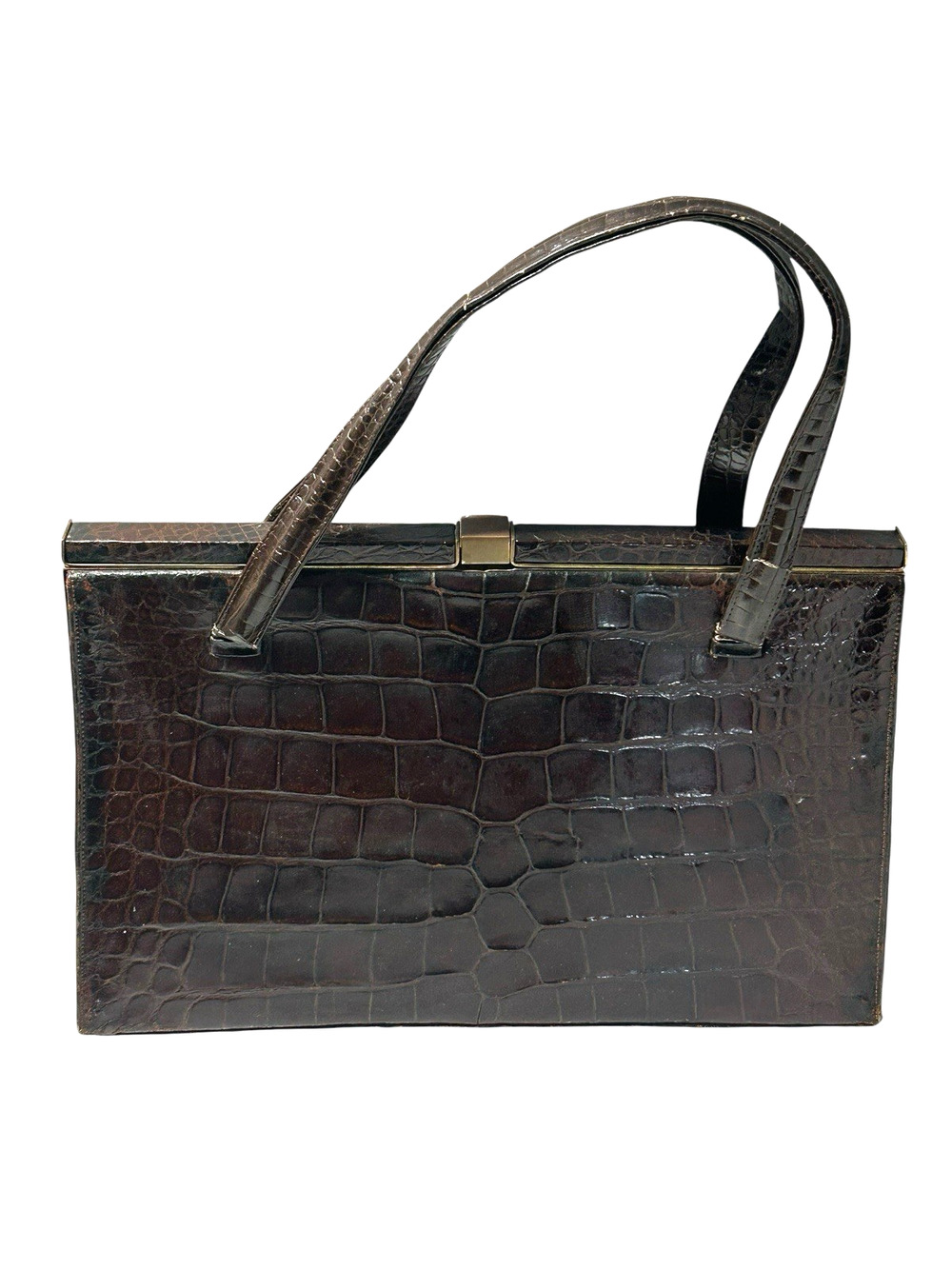 Vtg 1950s 60s Lucille De Paris Black Alligator Handbag Purse Double Handles USA